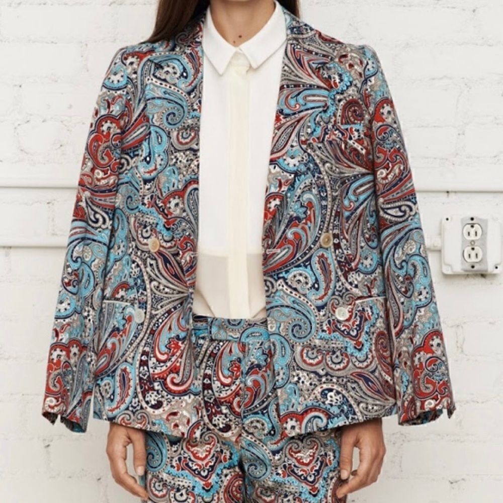 Sea New York Blue Paisley Print Pattern Double Breasted Blazer Jacket Sz 2